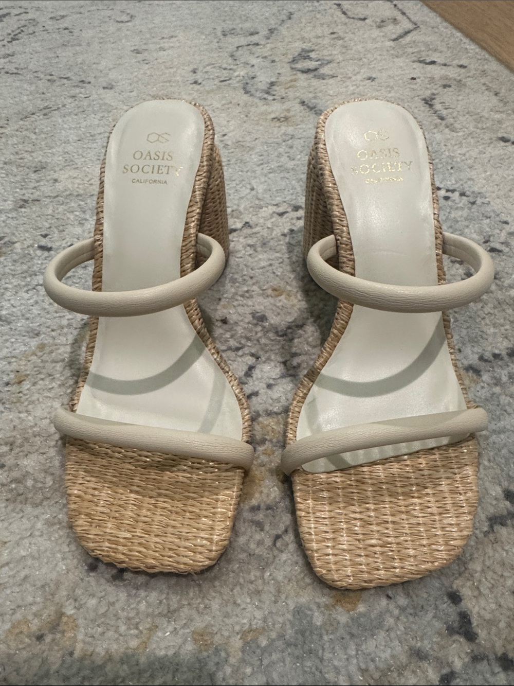 Oasis Society Cream Raffia Block-Heel Slide Sandals